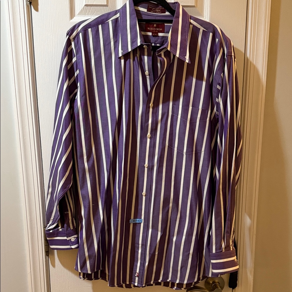 Nordstrom Purple and White Striped Men's Shirt 17-34